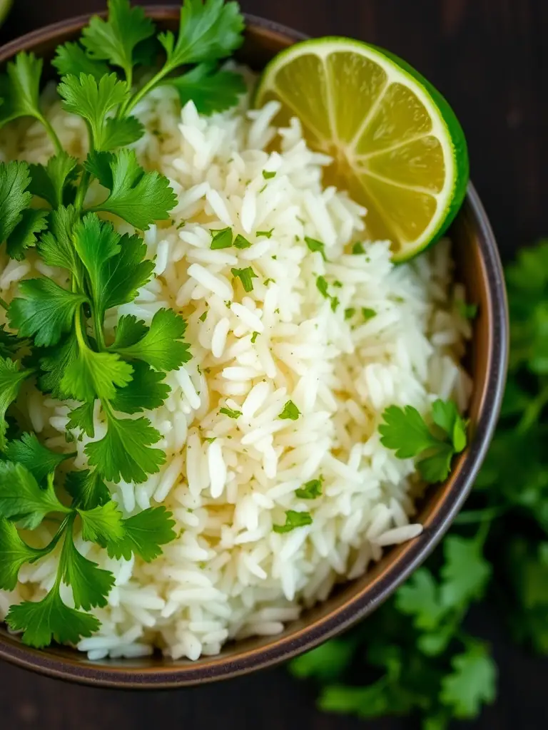 High-angle shot of a vibrant mix of freshly chopped cilantro-lime rice, ready to be used as a filling in a burrito at bar burrito.