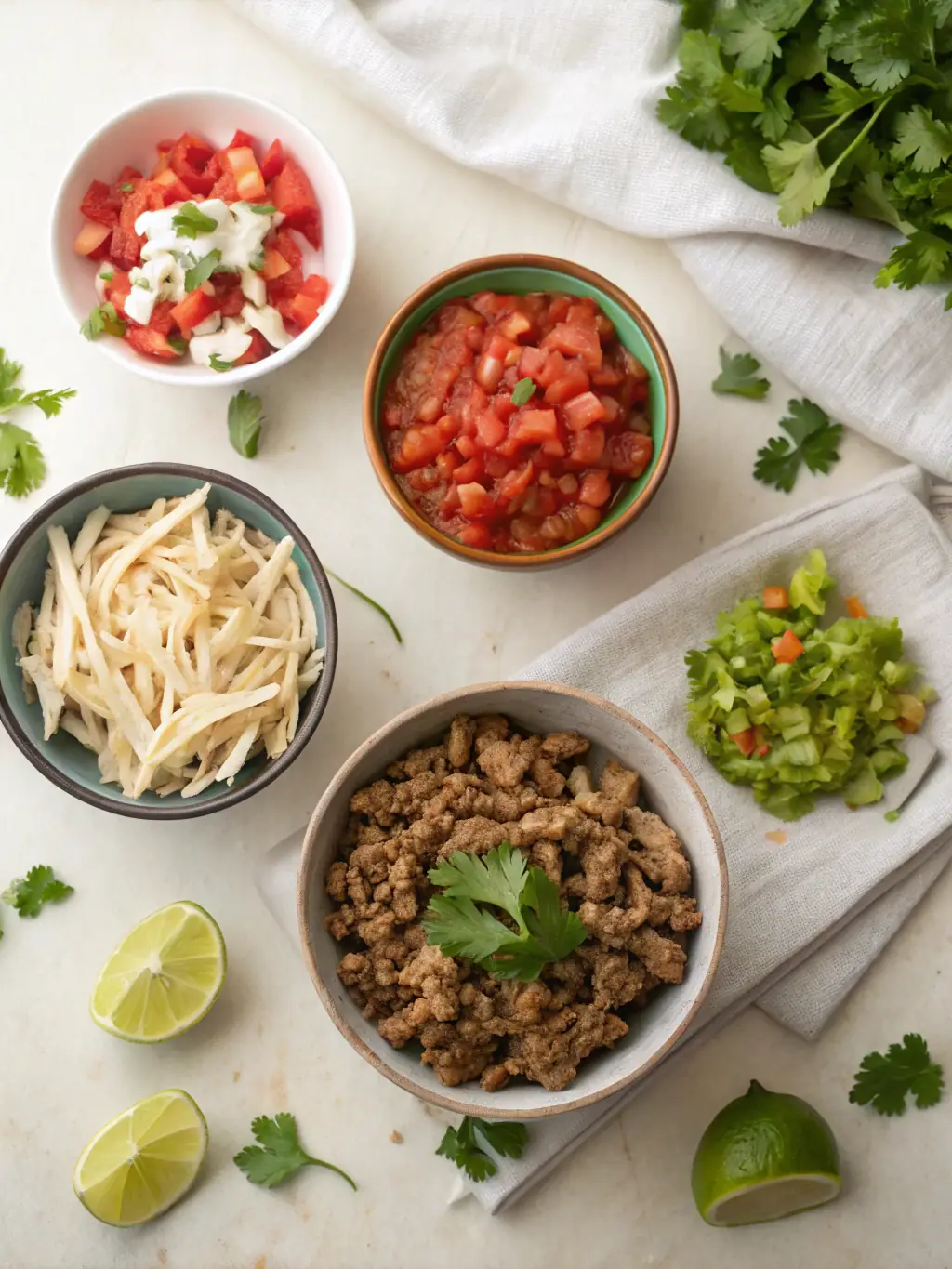 Overhead shot of a bowl filled with freshly made pico de gallo, showcasing the vibrant colors of tomatoes, onions, cilantro, and jalapeños, ready to be used as a topping at bar burrito.